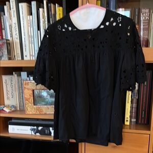Black Boxy Short Sleeve Blouse with Peter Pan Collar and Embellished Neckline